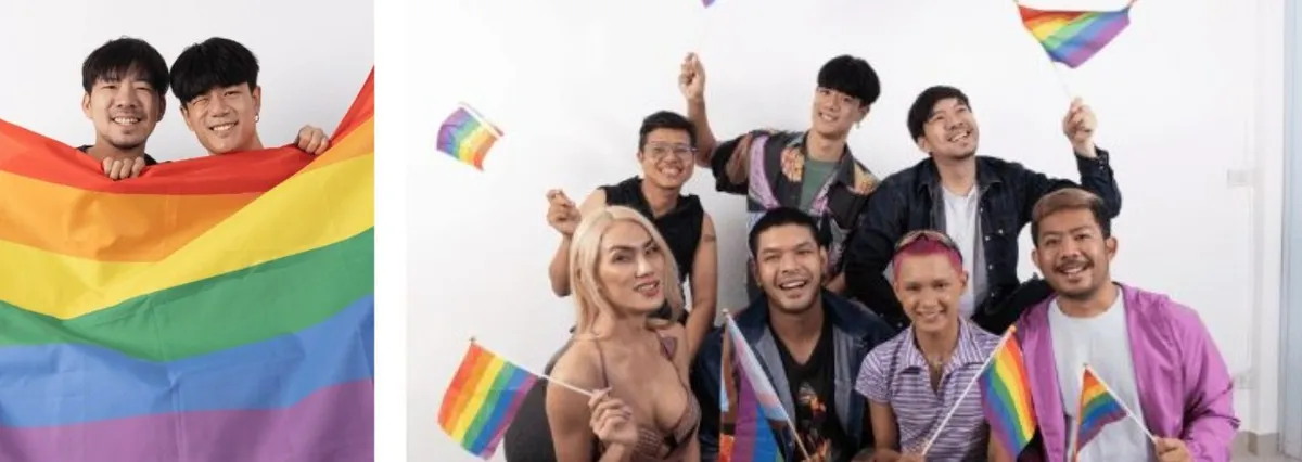 Pride campaign photos of LGBTQ+ friends holding rainbow flags