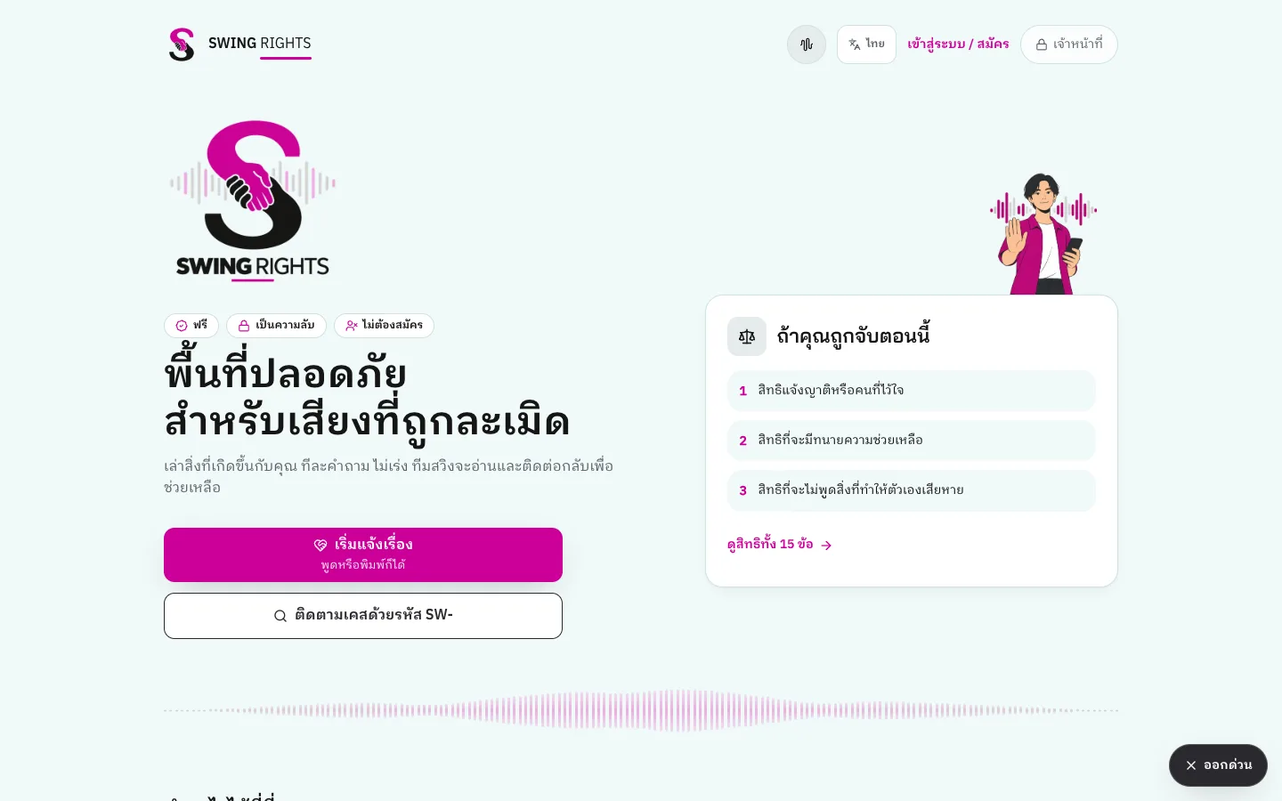 SWING Rights home page: a safe space to report rights violations