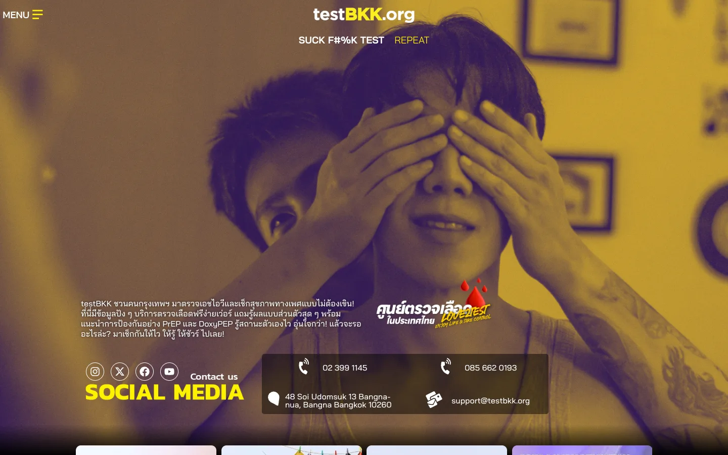 testBKK.org: media clips and clinic finder on a dark background